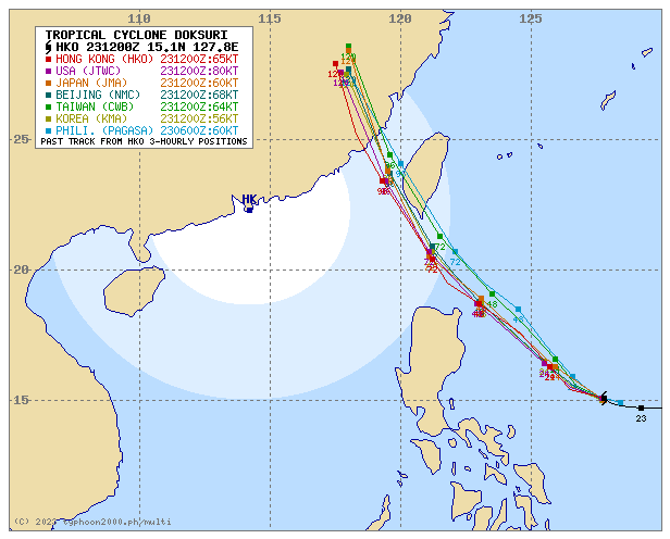 台風５号（トクスリ）DOKSURIの各国の予想進路